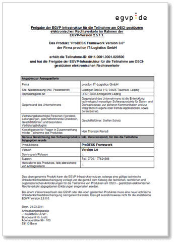 procilon Freigabe elektronischer Rechtsverkehr EGVP proDESK Framework