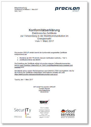 procilon Konformitaetserklaerung elektronische Zertifikate Marktkommunikation
