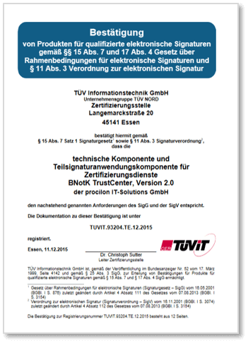 procilon TÜV-IT Bestätigung Zertifizierungsdienste BNotk Trustcenter