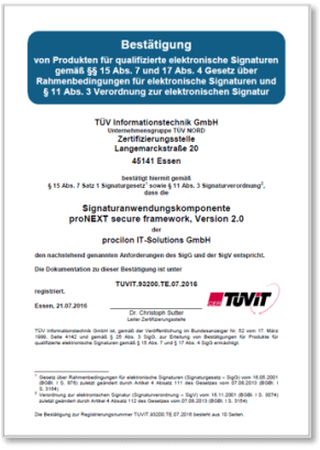 procilon TÜV-IT Bestätigung proNEXT Secure Framework Signaturanwendungskomponente