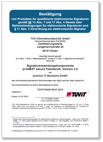 procilon TÜV-IT Bestätigung proNEXT Secure Framework Signaturanwendungskomponente